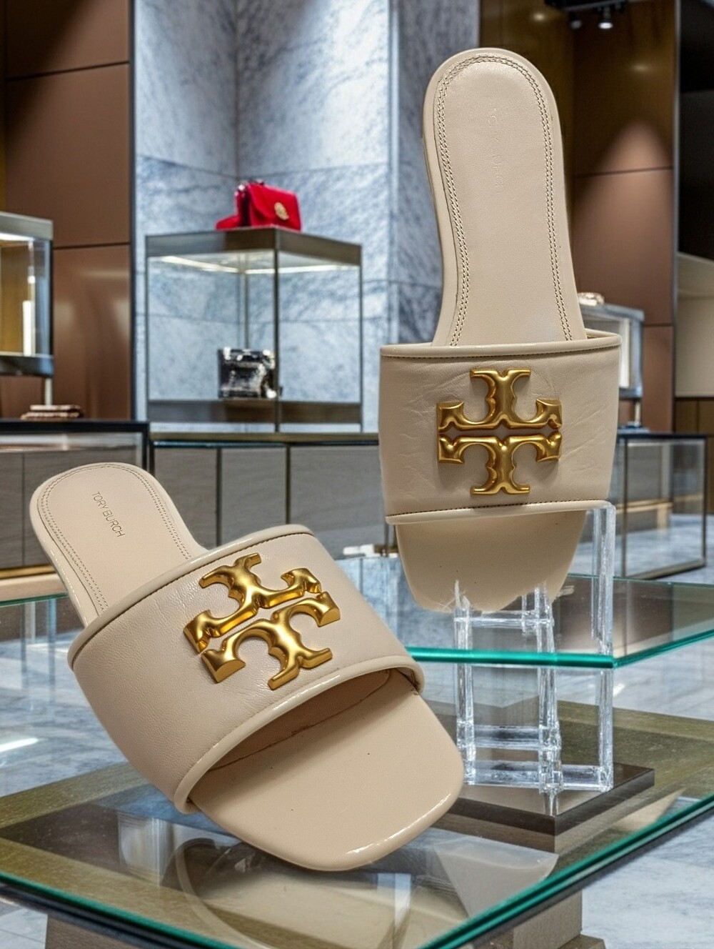 Tory Burch Ines Monogram Slides Sandals Nappa Leather Women's Sz 9 M